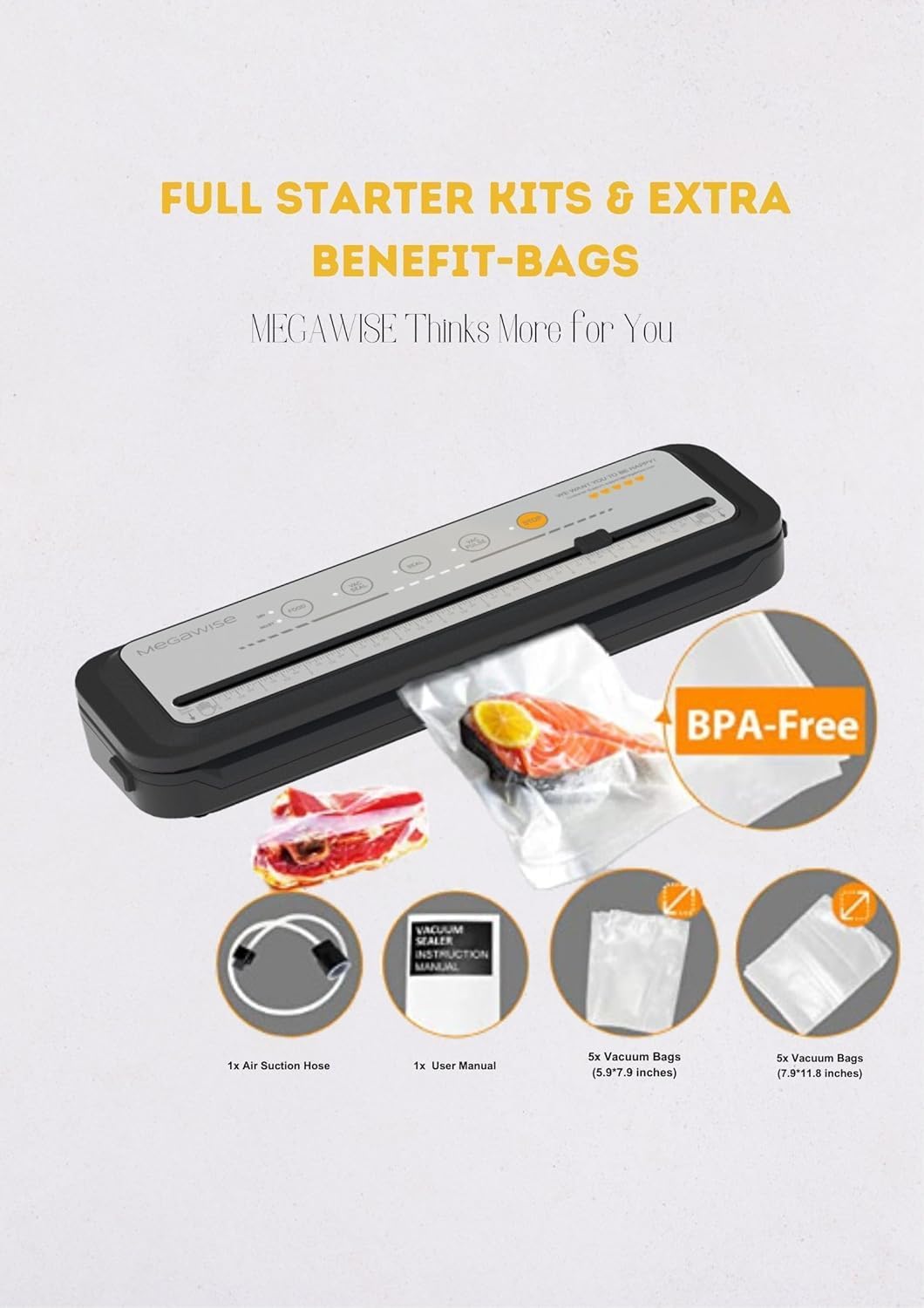 202309 Updated Model B W/ 4 Food Type/3 Bag Type Selection Food Vacuum Sealer Builtin Cutter for Fresh Saver of All Food Types Moist, Dry Cold